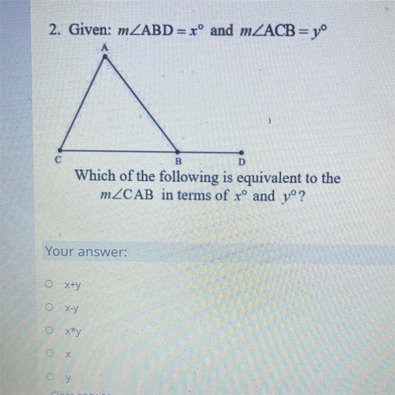 2. Given: mZABD = rº and mZACB = yo с B D Which of the following is equivalent to-example-1