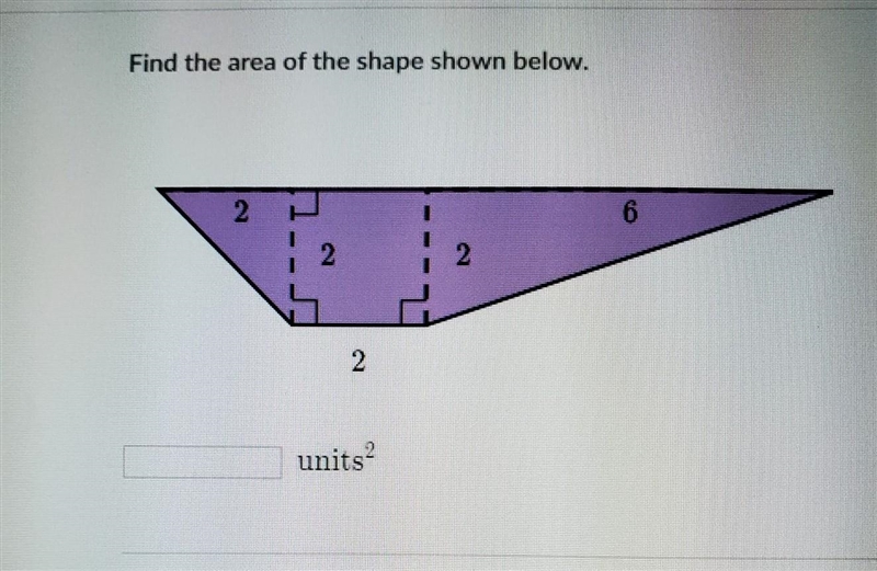 Find the area of the shape shown below. 2 2 2 2 6​-example-1