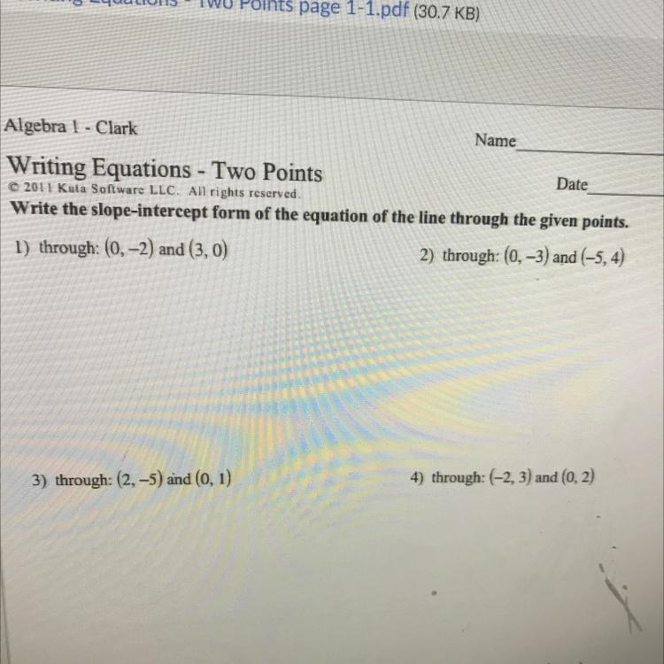 Write the slope intercept form of the equation of the line through the given points-example-1