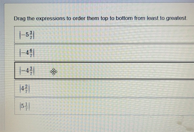 Drag the expression to order them top to bottom from least to greatest. -5 3/7. , -4 6/7, -4 3/7, 4 2/7 , 5 1/7​-example-1