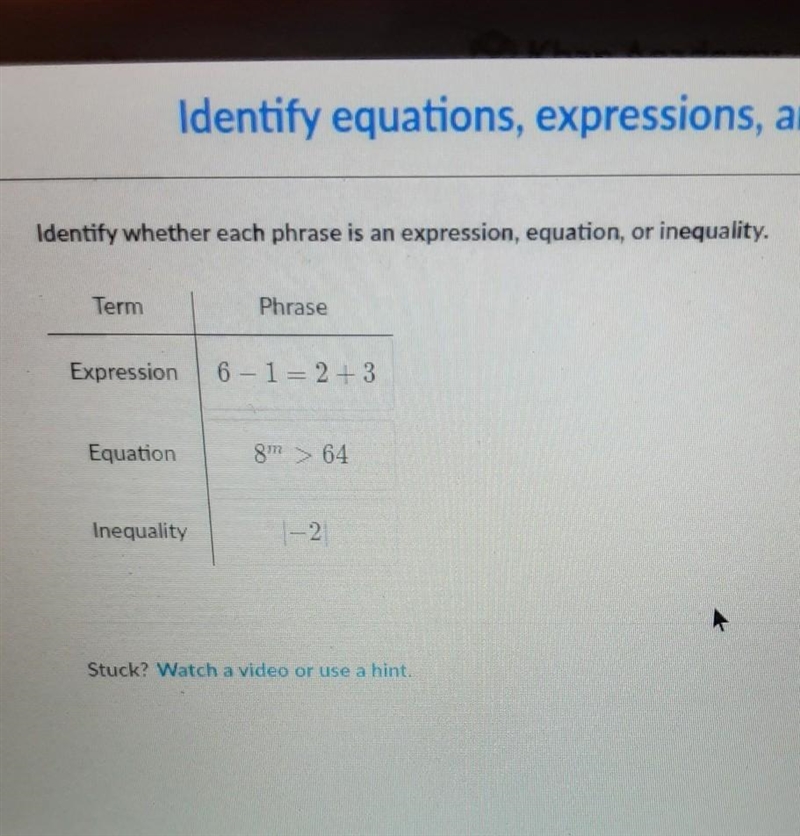 Identify whether each phrase is an expression, equation, or inequality​-example-1