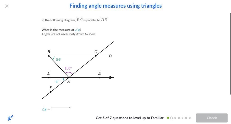 Middle School What is the measure of ∠x ? Angles are not necessarily drawn to scale-example-1