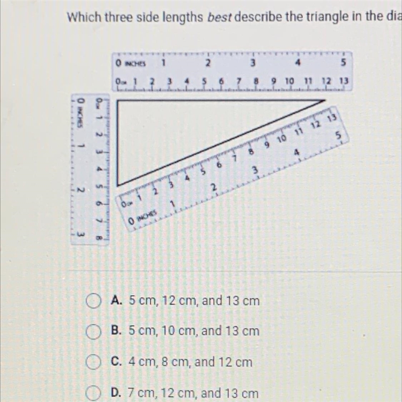 Which three side lengths best describe the triangle in the diagram? O NG 1 2 3 0 1 2 3 4 5 6 7 8 9 10 11 12 13 LLLLLLL-example-1