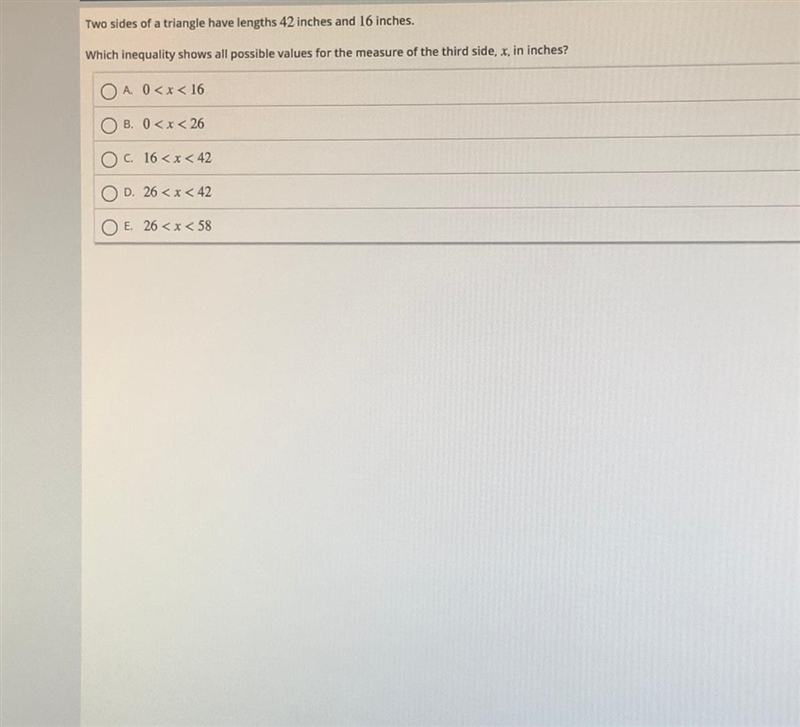 Which inequality shows all possible values for the measure of the third side, x, in-example-1