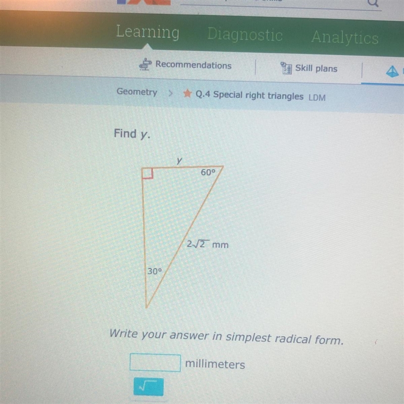 Find Y Special right triangles Please last question of the day!! Due very soon please-example-1