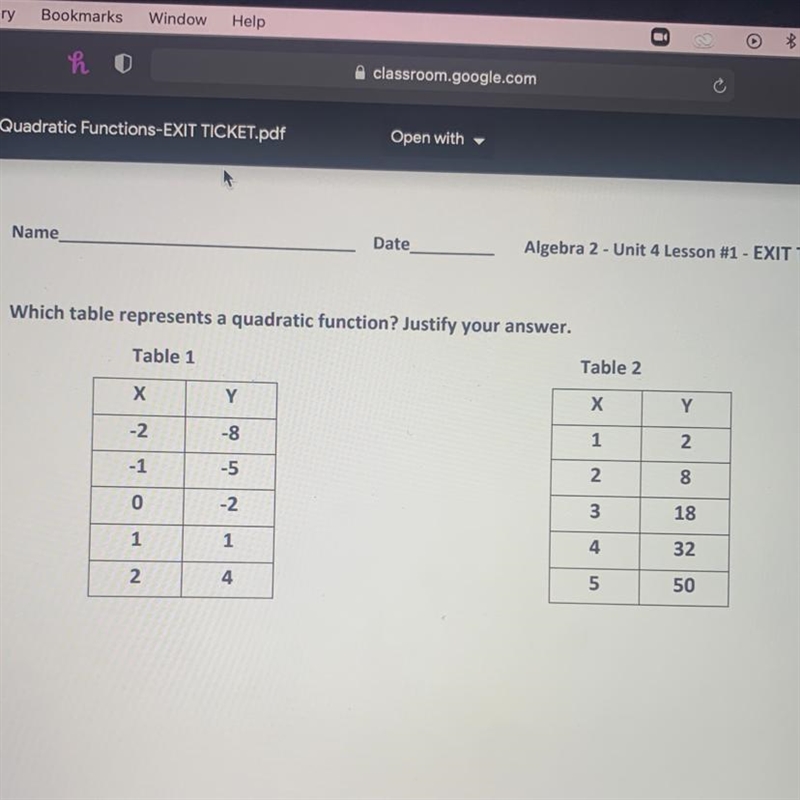 HELP PLEASE!!! LOOK AG PICTURE -which table represents a quadratic function? justify-example-1