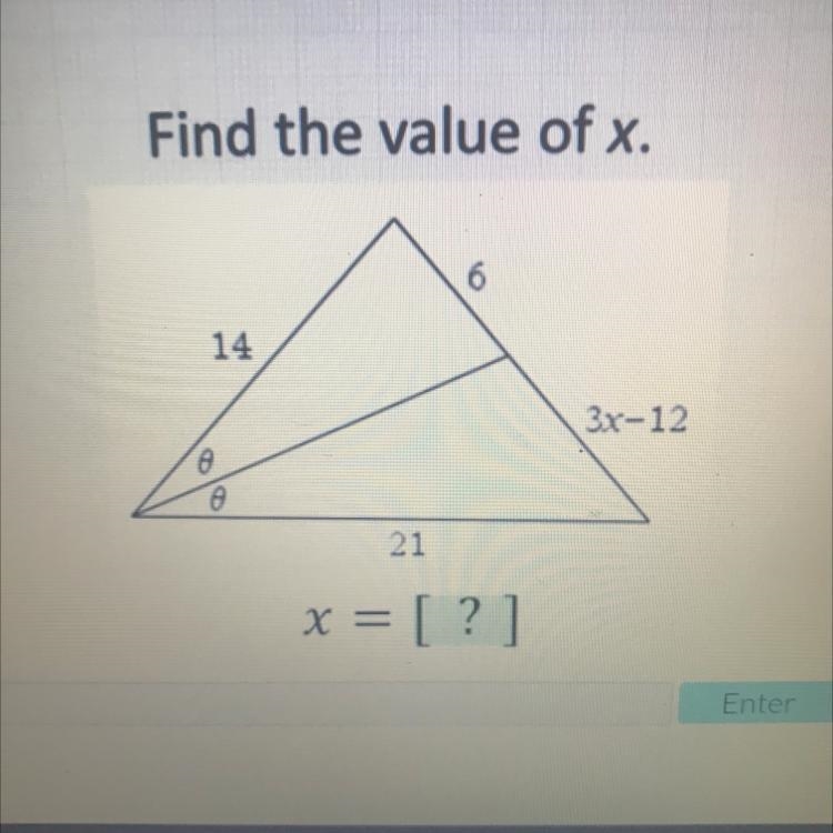 Find the value of x. 6 14 3x-12 8 8 21 x = [?]-example-1