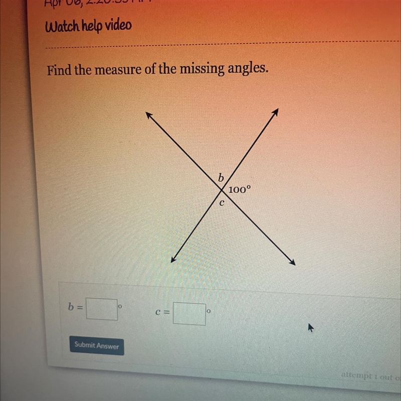 Find the measure of the missing angles. b 100° 0-example-1