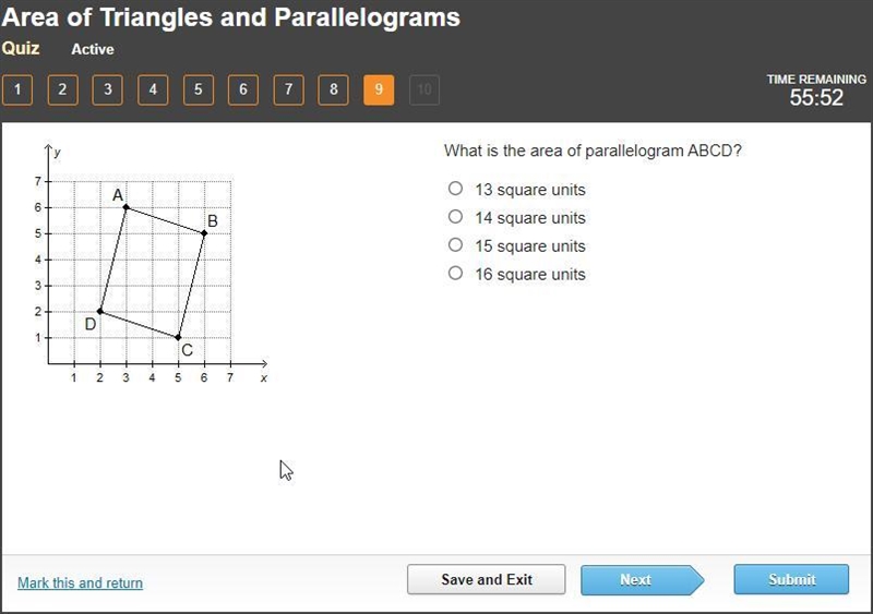 What is the area of parallelogram ABCD?13 square units14 square units15 square units-example-1