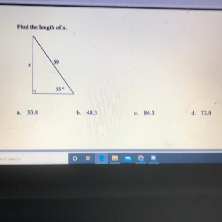 Find the length of x. a. 33.8 b. 48.3 c. 84.3 d. 72.0-example-1