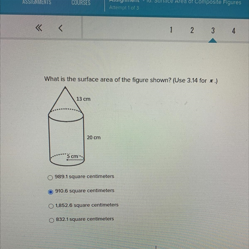 What is the surface area of the figure shown? (Use 3.14 for pi.)-example-1