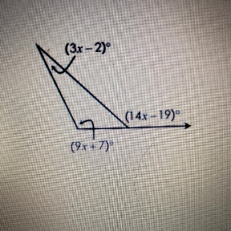 1) Solve for x. (3.x - 2)° (14x -19° (9x+7)-example-1