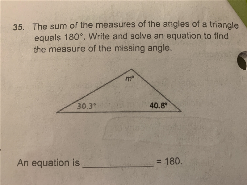 Write and solve an equation to find the measure of the missing angle.-example-1