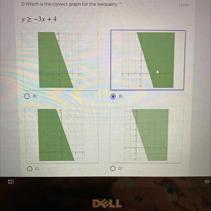 3) Which is the correct graph for the inequality:* y> -3x + 4 Is that right?-example-1