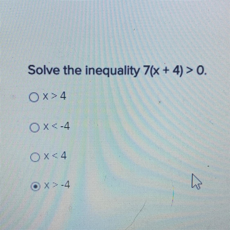 Solve the inequality 7x + 4) > 0.-example-1