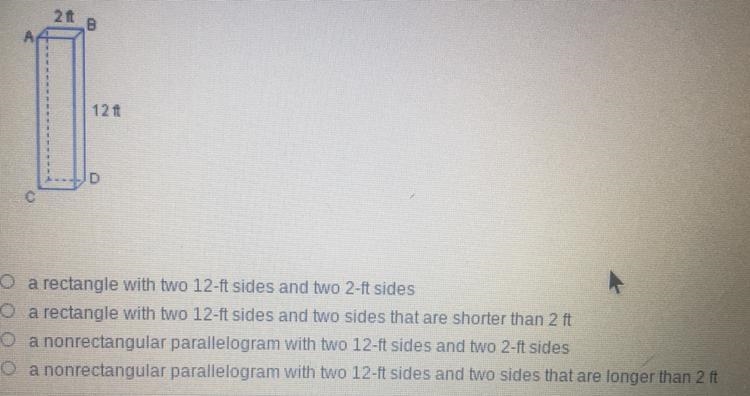 The square prism has a base length of 2ft.which describes the cross section of the-example-1