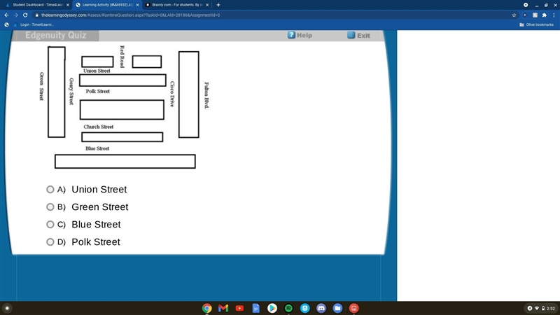 Look at the street map. What street is parallel to Red Road? A. Union Street B. Green-example-1