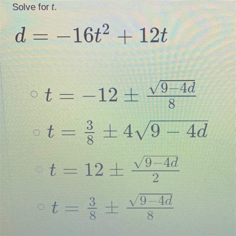 Solve for t. d= -16t^2 + 12-example-1