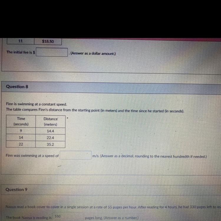 Finn is swimming at a constant speed. The table compares Finn's distance from the-example-1