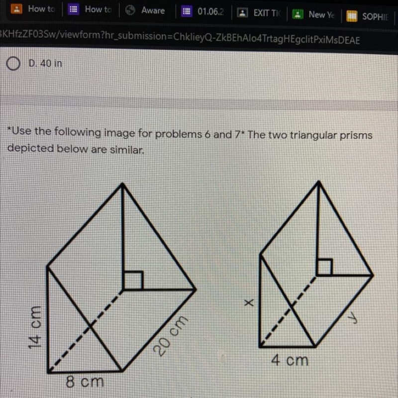 The two triangular prisms depicted below are similar. What is the value, in centimeters-example-1