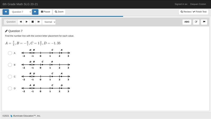 Find the number line with the correct letter placement for each value. A=73,B=−67,C-example-1