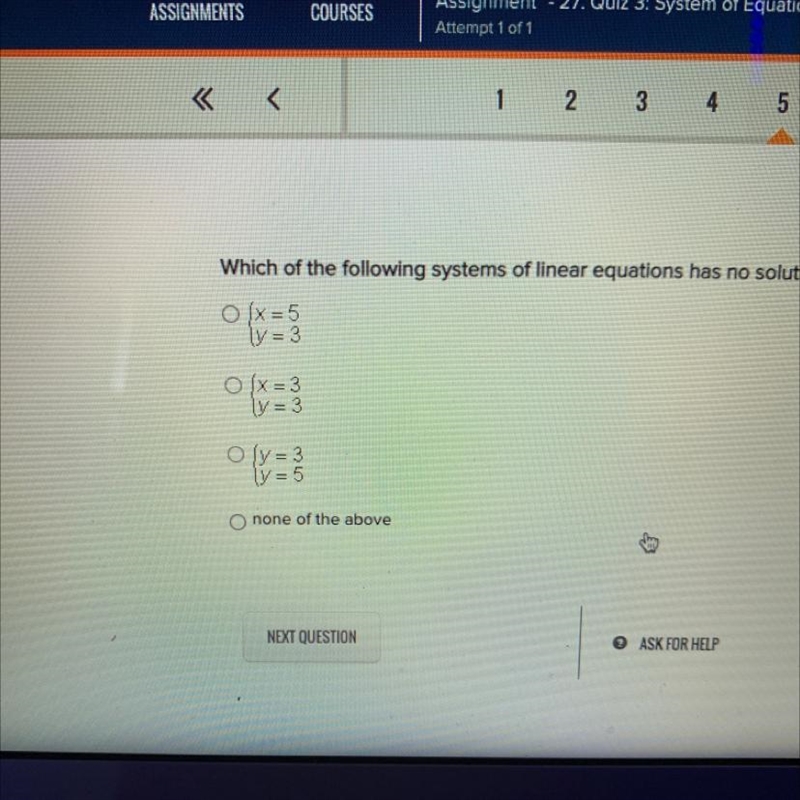 Which of the following systems of linear equations has no solution?-example-1