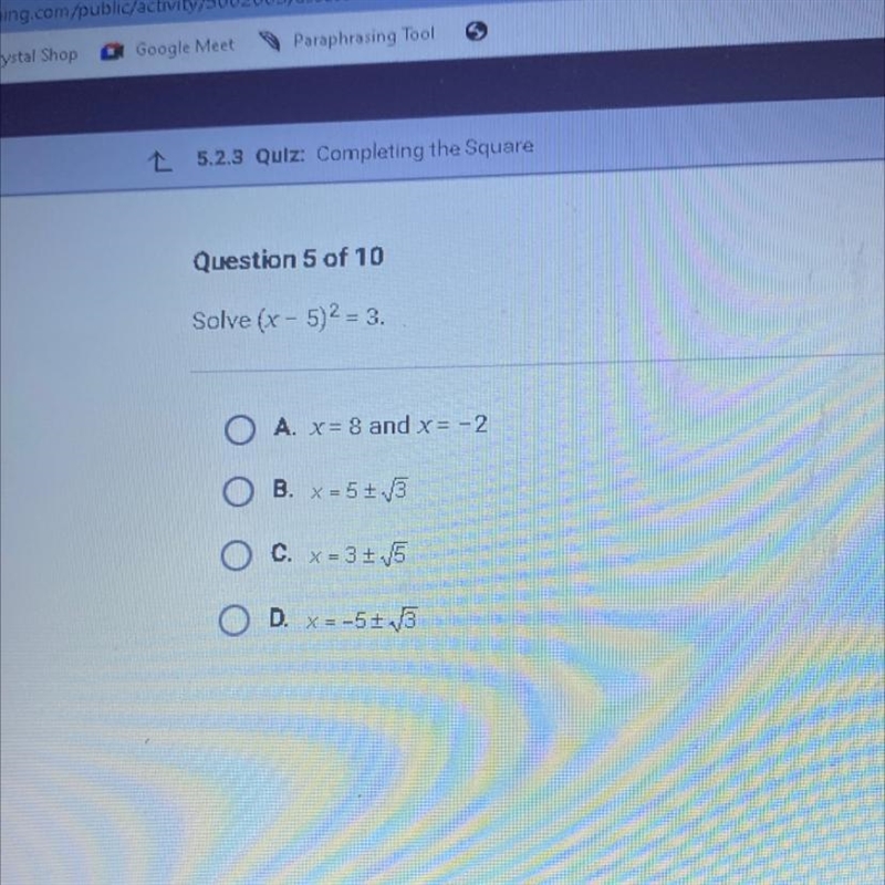 Solve (x - 5)2 = 3.-example-1