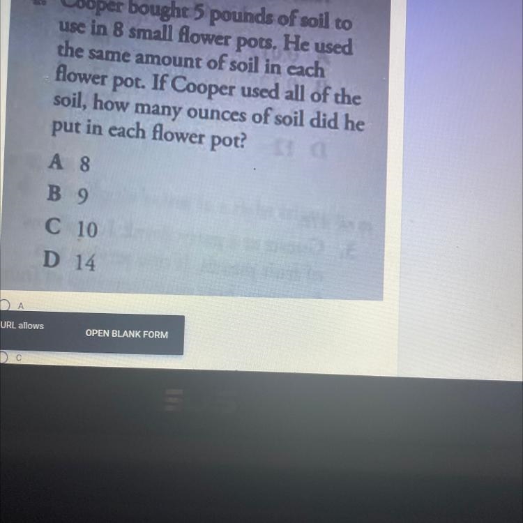 Cooper bought 5 pounds of soil to use in 8 small flower pots. He used the same amount-example-1