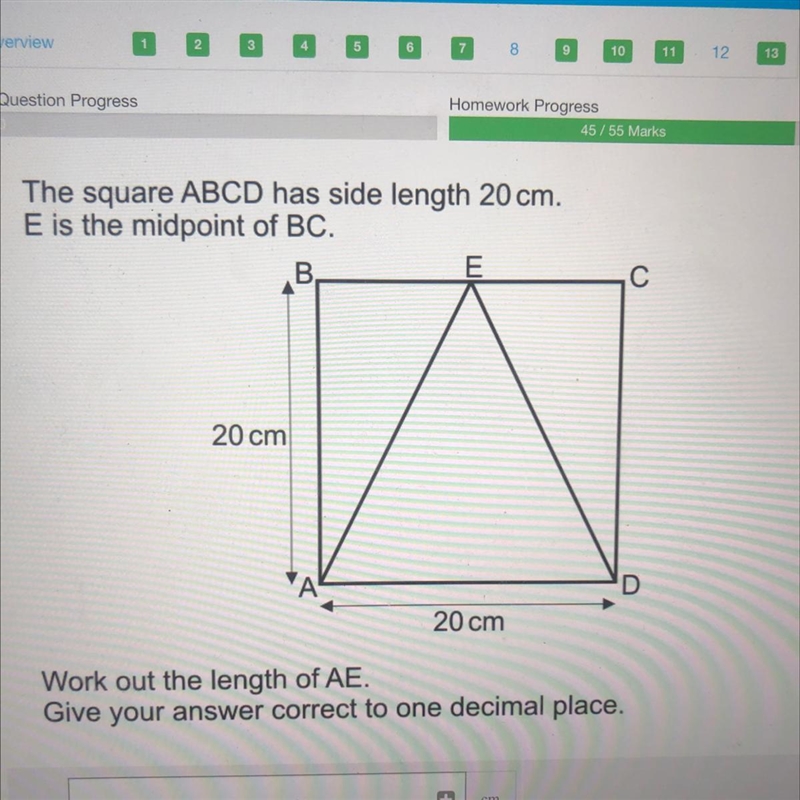 The square ABCD has side length 20 cm, E is the midpoint of BC, 20 cm 20 cm Work out-example-1