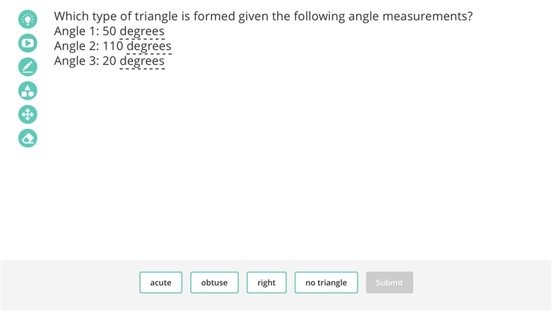 Which type of triangle is formed given the following angle measurements? Angle 1: 50 degrees-example-1