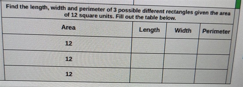 Find the length, width and perimeter of 3 possible different rectangles given the-example-1