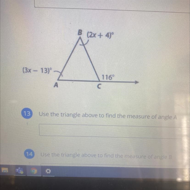 Use the triangle above to find the measure of angle A.-example-1