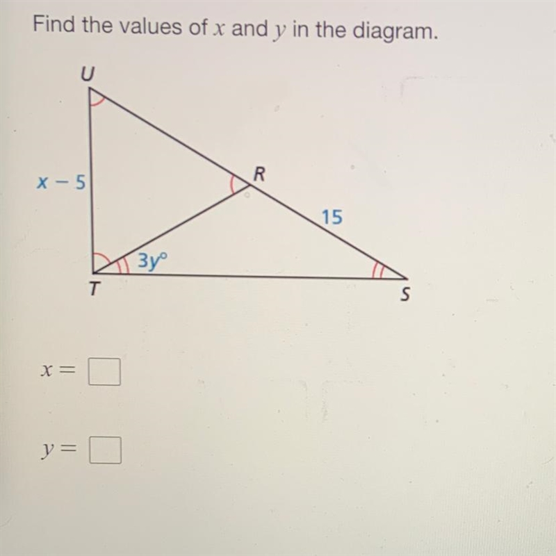 Find the values of x and y in the diagram.-example-1