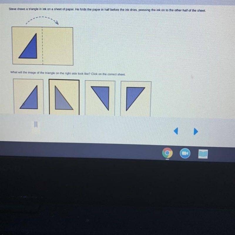 Steve draws a triangle in ink on a sheet of paper. He folds the paper in half before-example-1