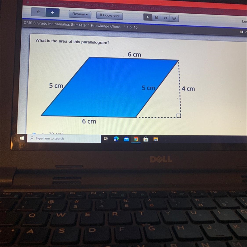 What is the area of this parallelogram? 6 cm 5 cm 5 cm 4 cm 6 cm plssss help-example-1