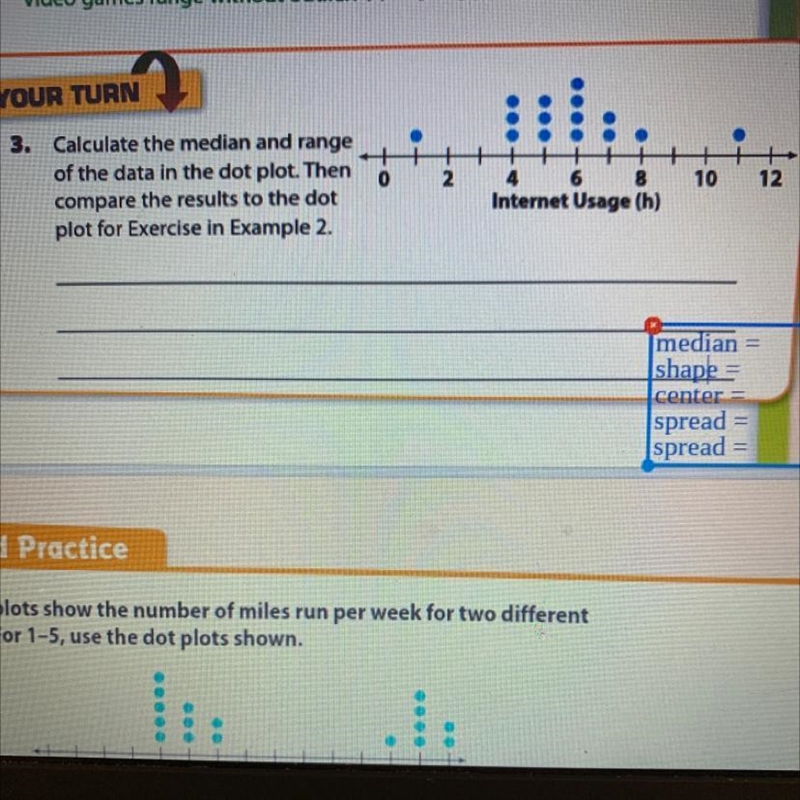 - Calculate the median and range of the data in the dot plot. Then compare the results-example-1