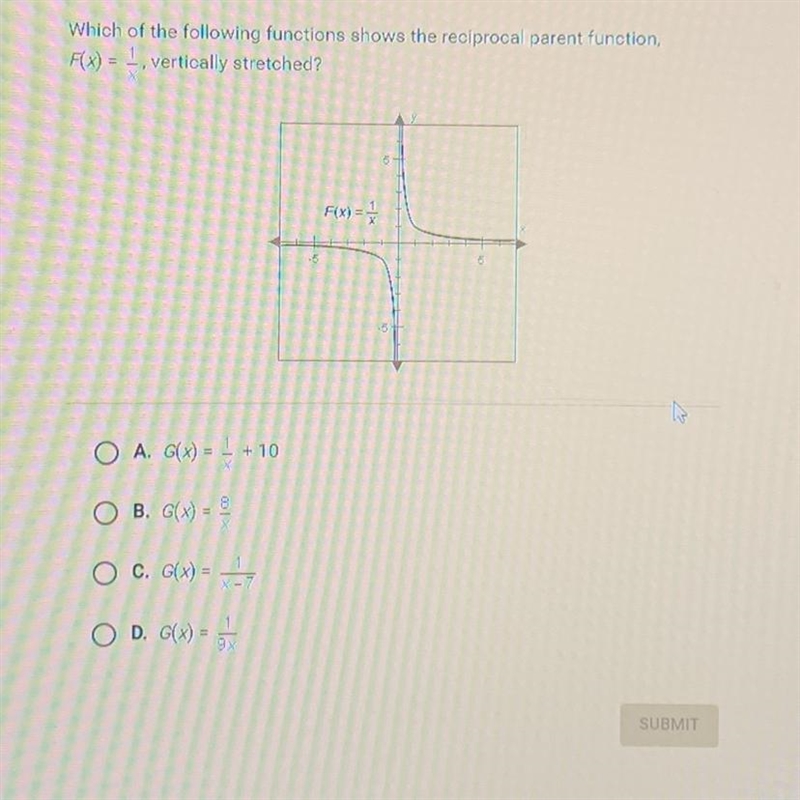 Which of the following functions shows the reciprocal parent function, F(x) = 1, vertically-example-1