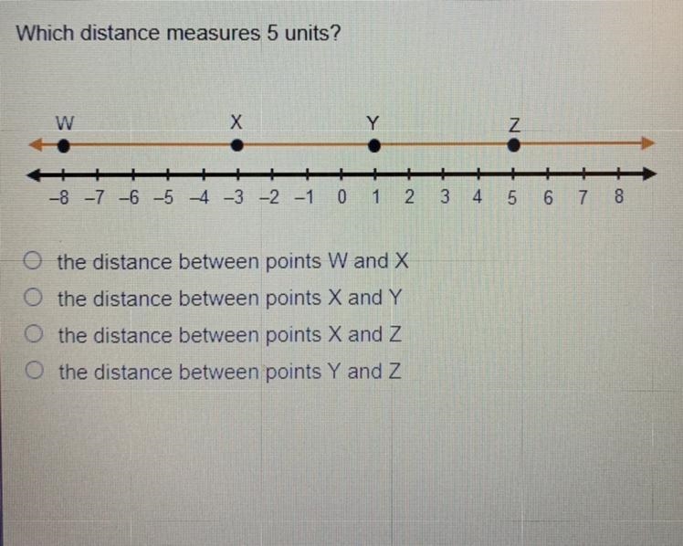 Which distance measures 5 units? (Picture down below) A. the distance between points-example-1