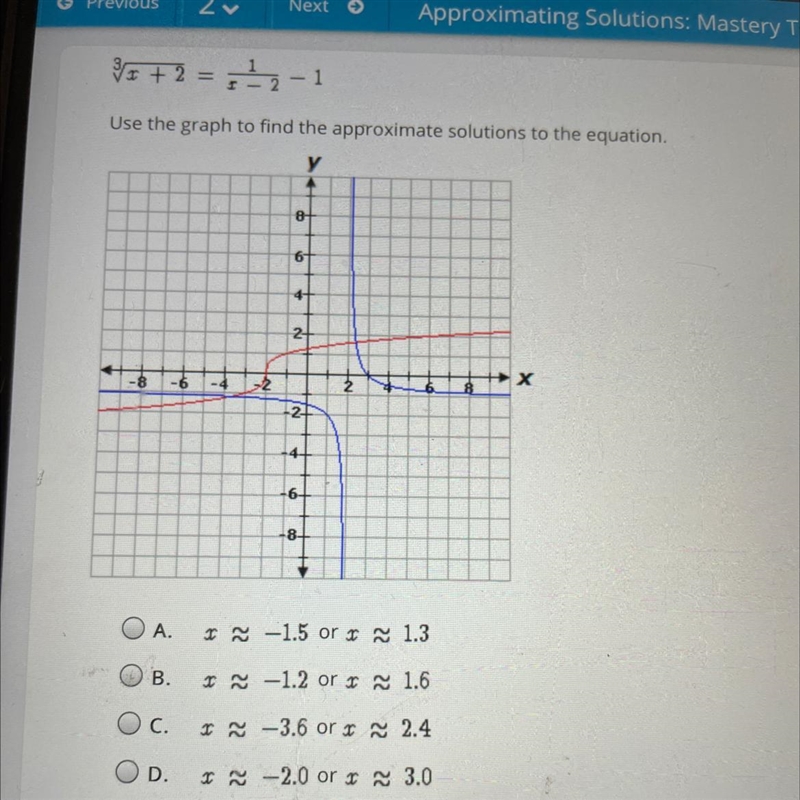 Use the graph to find the approximate solutions to the question.-example-1