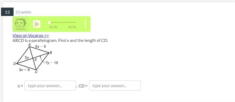 ABCD is a parallelogram. Find x and the length of CD.-example-1