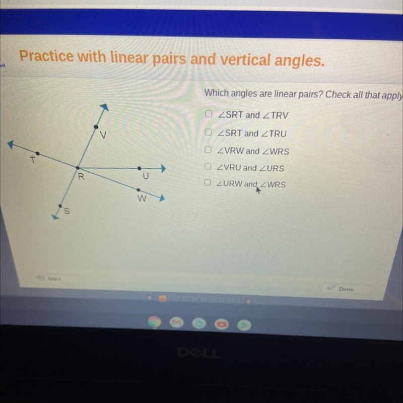 Practice with linear pairs and vertical angles, Wuch angles are lineat pots? Check-example-1