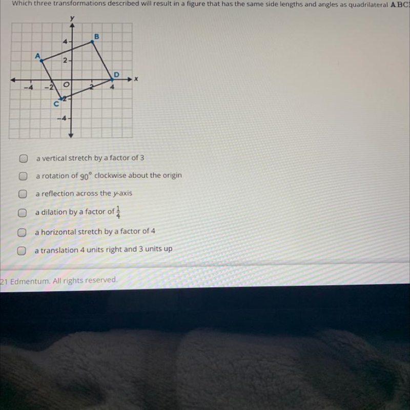 Which three transformations described will result in a figure that has the same side-example-1