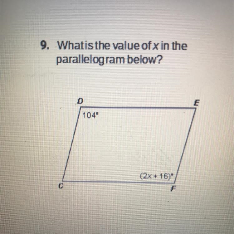 What is the value of X on the parallelogram below?-example-1