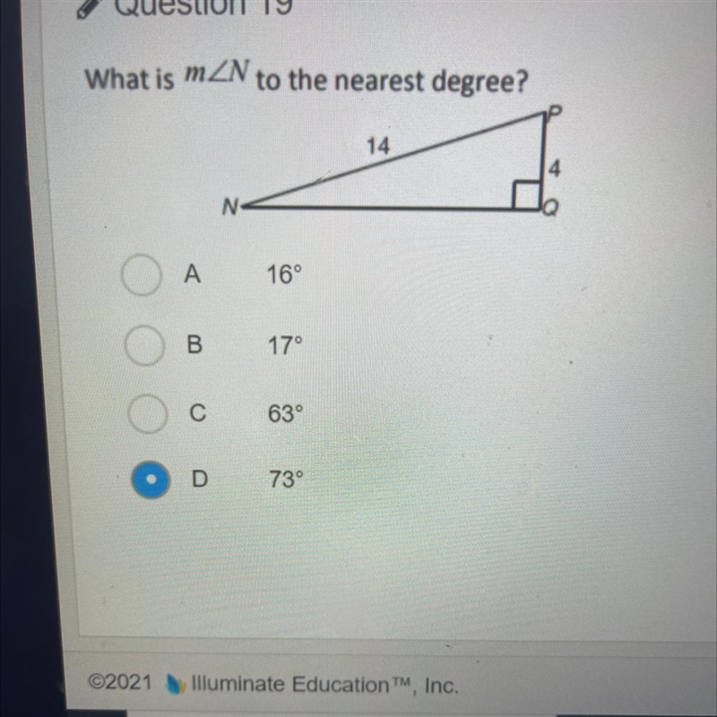 What is m N to the nearest degree? A 16° B 17° C 63° D 73°-example-1