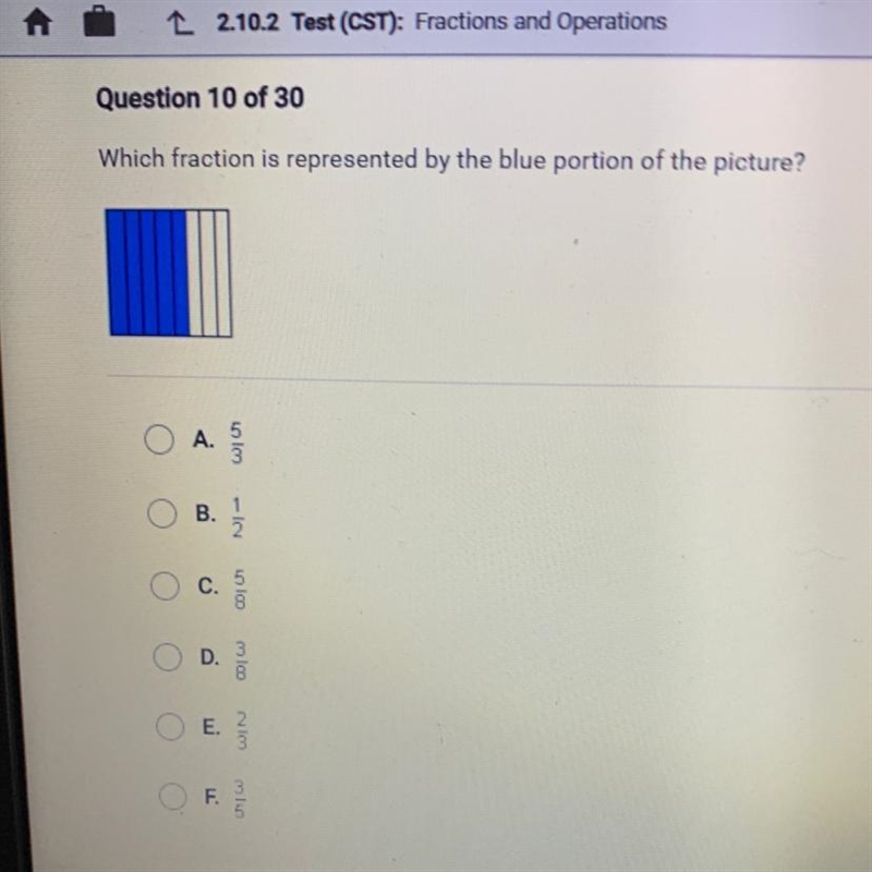 Which fraction is represented by the blue portion of the picture? A. 5/3 B. 1/2 C-example-1