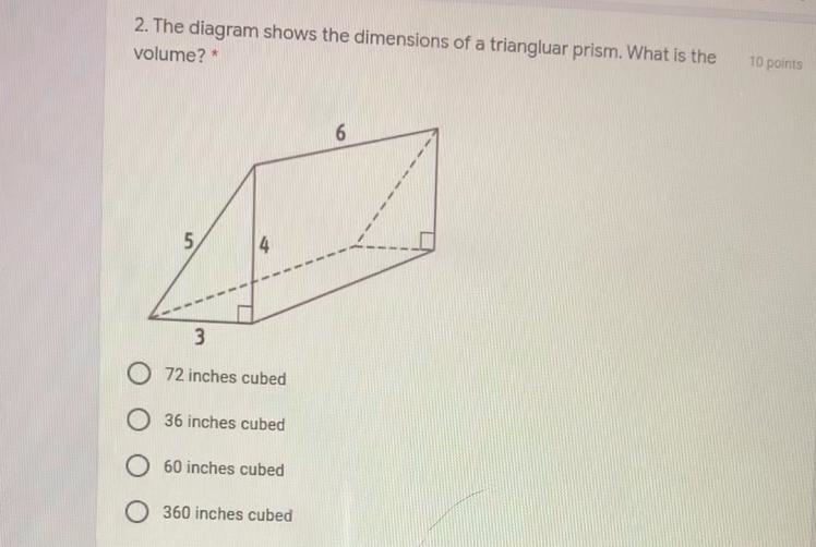 The diagram shows the dimensions of a triangular prism what is the volume. Click on-example-1