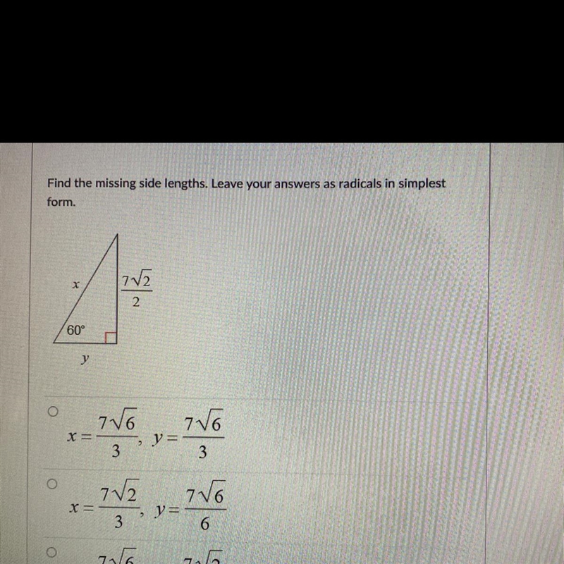 Find the missing side lengths. Leave your answers as radicals in simplest form.-example-1