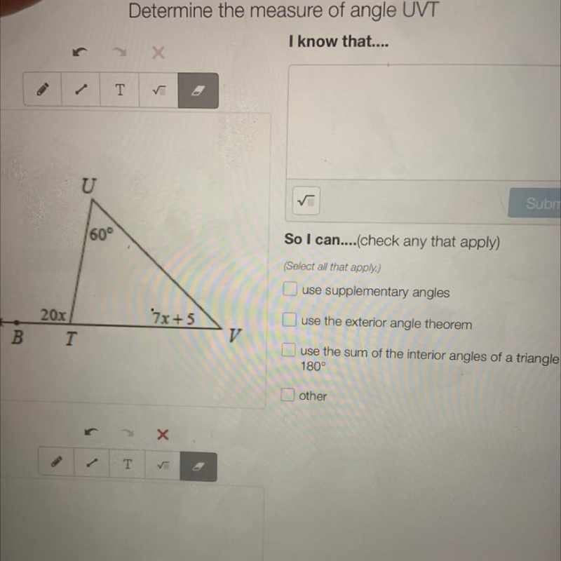 Determine the measure of angle UVT-example-1