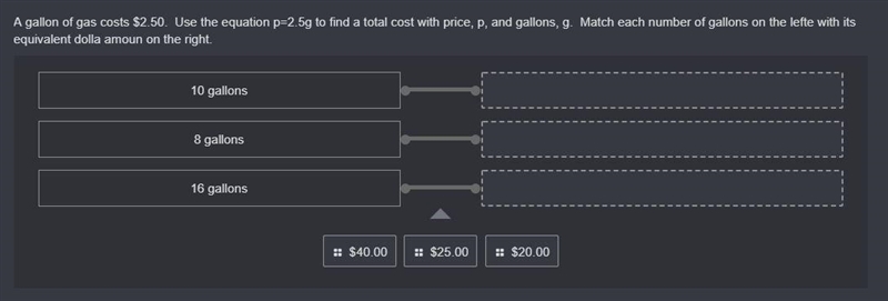 A gallon of gas costs $2.50. Use the equation p=2.5g to find a total cost with price-example-1