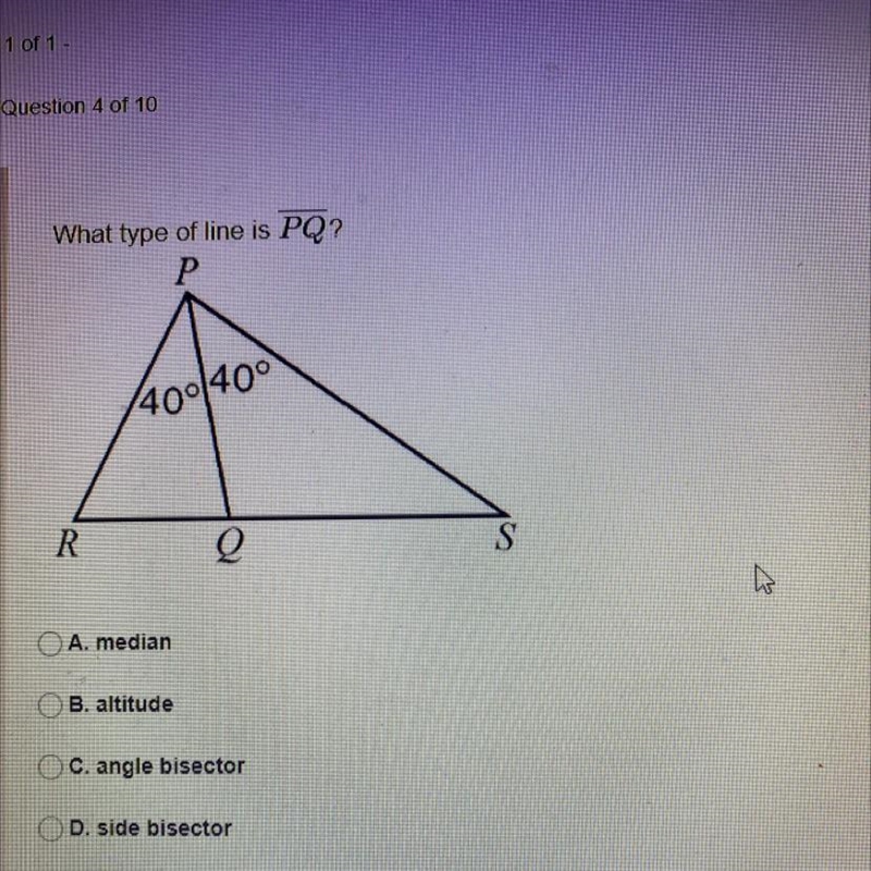 What type of line is PQ? A. median B. altitude C. angle bisector D. side bisector-example-1